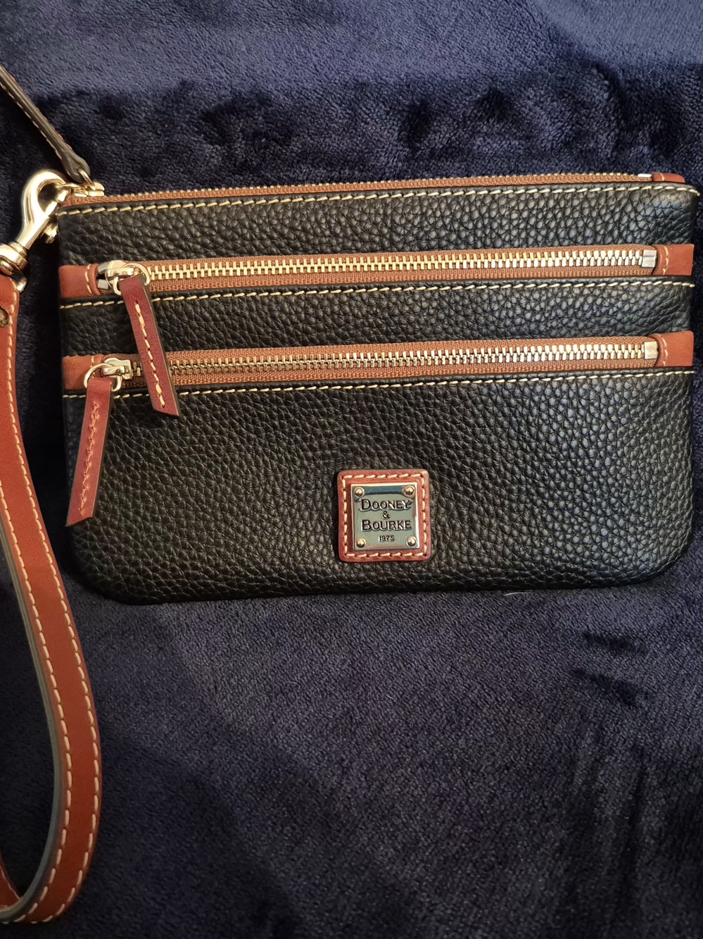Dooney & Bourke Black Pebble Leather Triple Zip Wristlet with Brown Trim